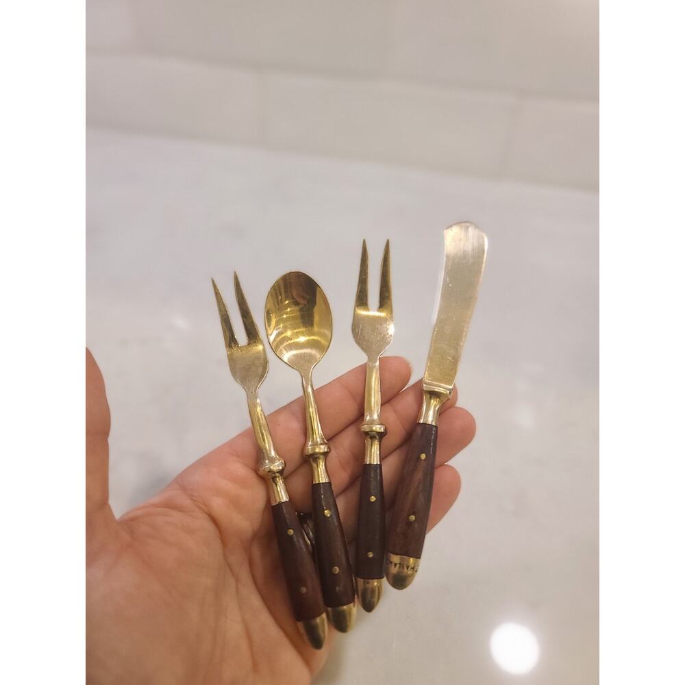 VINTAGE THAILAND BRASS AND TEAK WOOD Flatware 4 PIECES